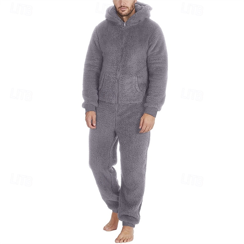 Men's Loungewear Bodysuits Sleepwear 1 PC Plain Warm Fashion Stylish Home Daily Bed Sherpa Polar Fleece Thermal Warm Comfort Soft Hoodie Long Sleeve Pocket Fall Winter Light Pink Black 2026 - $46.99 –P10