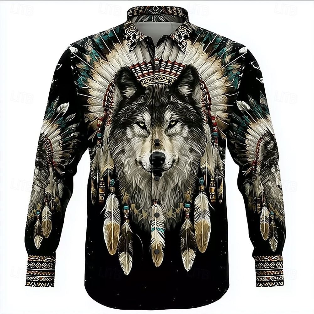 Hombre Lobo Atrapasueños Étnico Camisa Abotonar la camisa Manga Larga retro de la vendimia Exterior Acampada y Senderismo Caza Primavera Otoño Cuello Vuelto Impresión 3D camisas con cuello Negro 1 2026 - $27.99 –P3