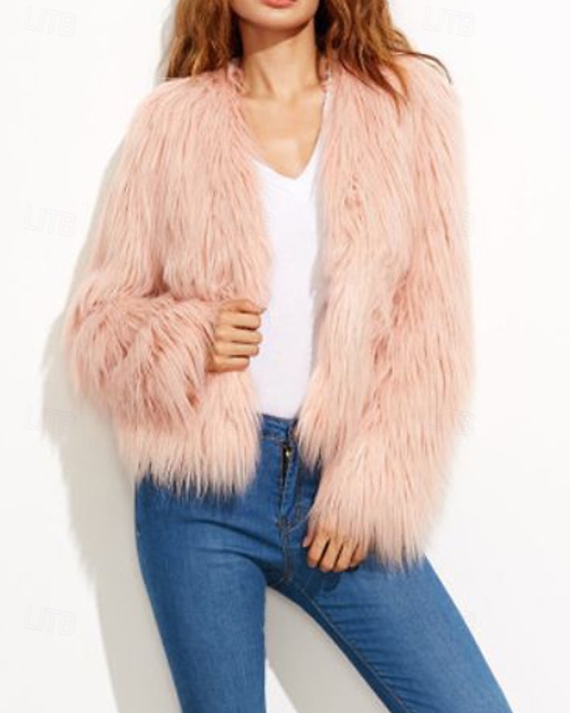 Damen Kunstpelzmantel Warm Bequem Pelze & Leder Mode Einfach Urlaub Straße Ausgehen Wochenende Regulär Rundhalsausschnitt Normale Passform Langarm Oberbekleidung Schwarz Weiß Rosa Herbst Winter 2025 - $39.99 –P4