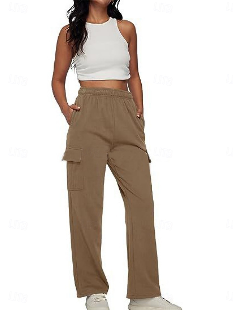 Mulheres Calças Cargo chinês Moda Roupa de rua Casual Comprimento total Cintura Alta Tecido Bolsos Cintura elástica Confortável Macio Micro-Elástica Ao ar livre Rua Castanho Escuro Cinzento Escuro de 2025 por $37.99 –P2