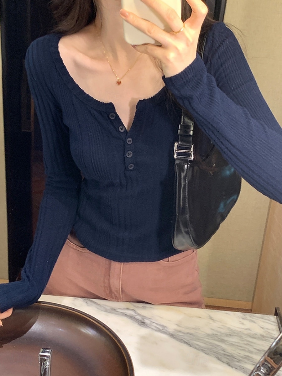 Damen Bluse Knöpfe Einfarbig Stilvoll Lässig Langarm Rundausschnitt Normale Oberteile Täglich Marineblau Dunkelgray Grau Frühling Herbst Winter 2026 - $21.99 –P10