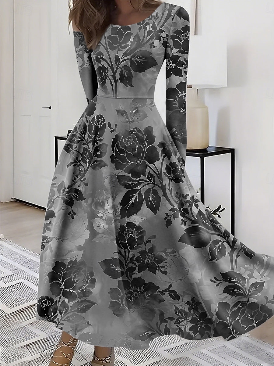 Women's Midi Dress A Line Dress Fit And Flare Dress Vacation Casual Boho Daily Party Going out Regular Fit Floral Graphic Long Sleeve Crew Neck Blue Red Purple Green Summer Spring Fall Winter 2026 - $37.99 –P5