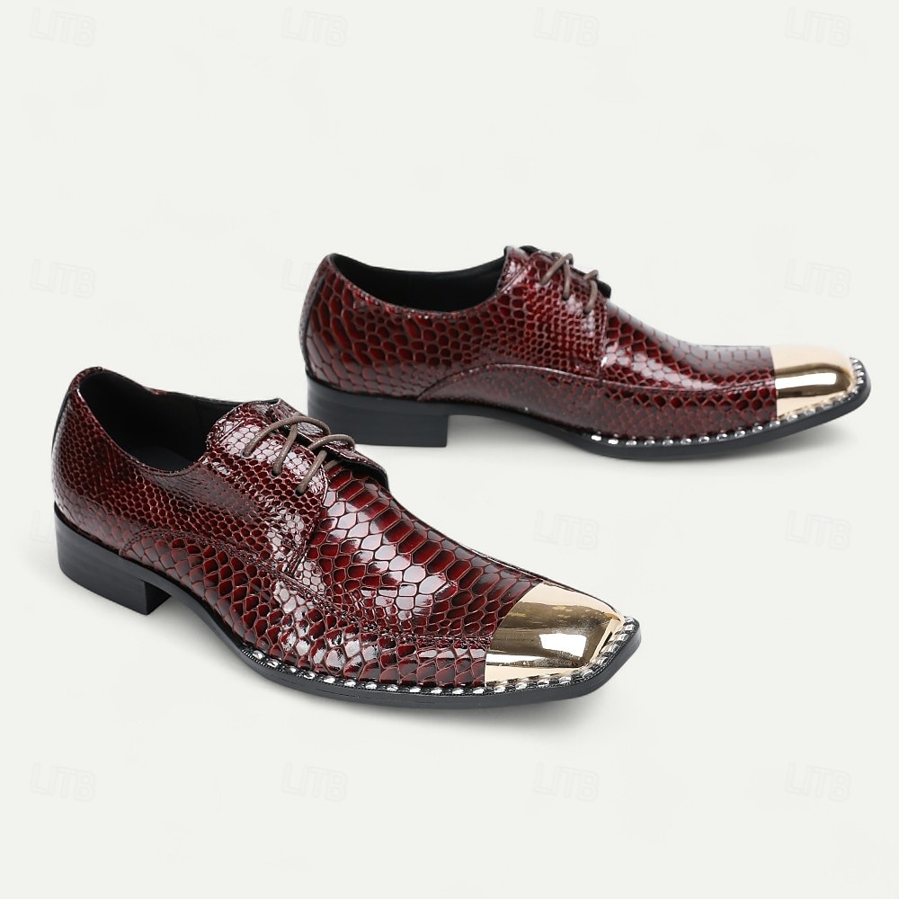 Sapatos sociais masculinos de couro legítimo bordô com estampa de cobra e cadarço e biqueira de metal – sapatos da moda para banquetes e coquetéis de 2026 por $129.99 –P1