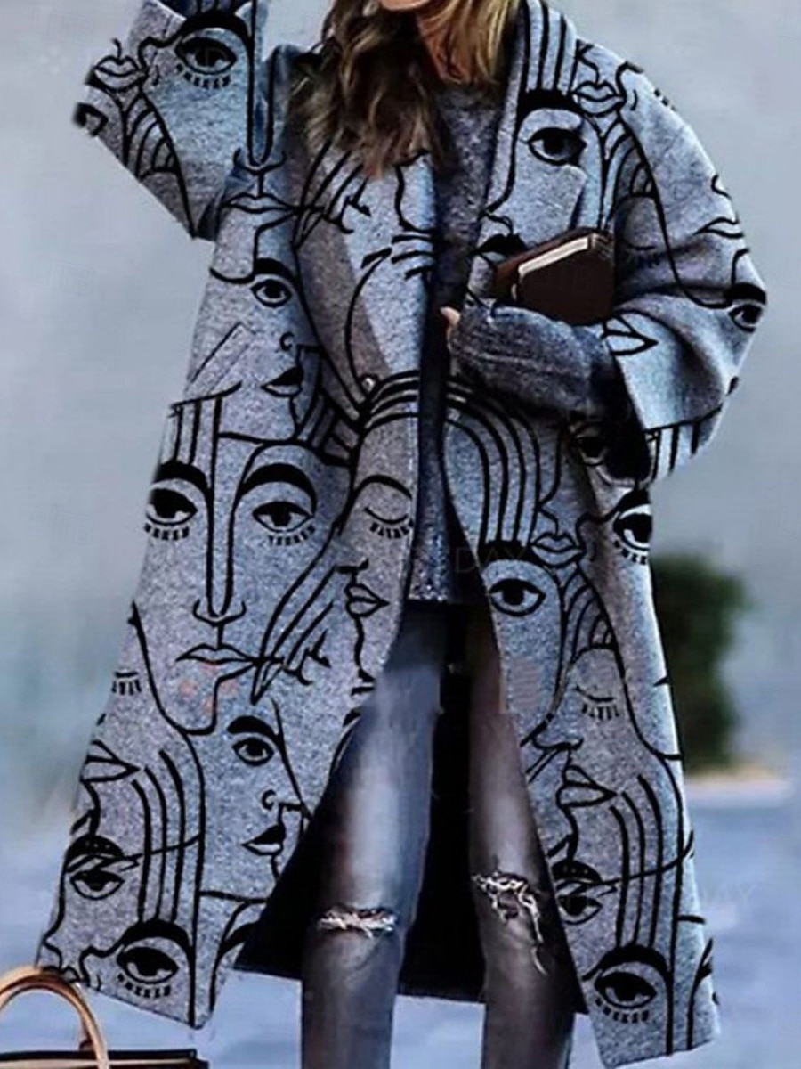 Dames Winterjas Jas Comfortabel Ademend Afdrukken Modern Casual Geometrisch Casual Vakantie Straat Alledaagse kleding Open voorzijde Lang Strijkijzer Normale pasvorm Lange mouw bovenkleding Wit 2026 - $52.99 –P1