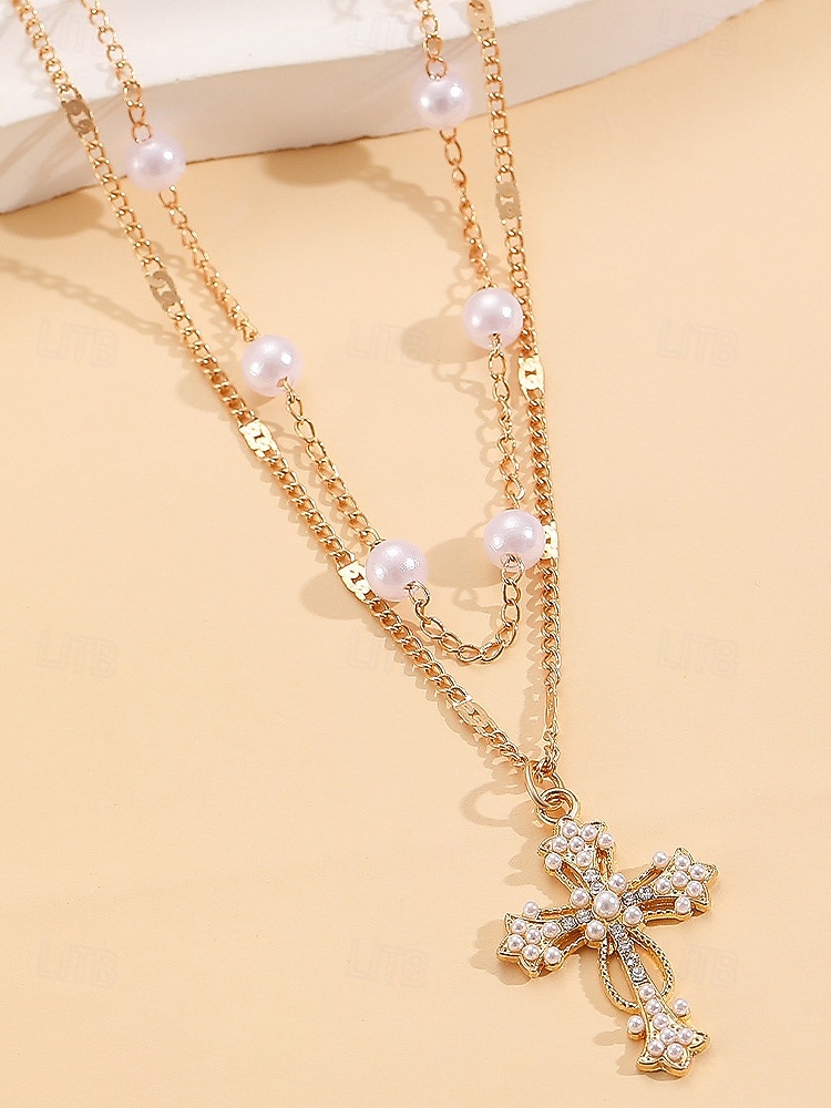 Collar de cruz navideña para mujer, cadena de oro en capas con colgante de perla y diamantes de imitación, elegante joyería navideña para fiestas, bodas y regalos. 2026 - $5.99 –P5