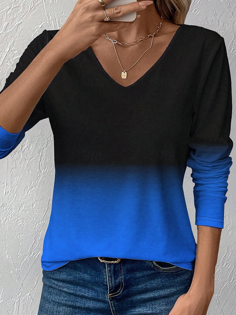 Per donna Maglietta Stampato Ombre Grafico Vintage Elegante Classico Manica Lunga Scollo a V Top Regolari Quotidiano Blu Rosso Viola Arancione Verde Primavera Autunno Inverno del 2026 a $24.99 –P4