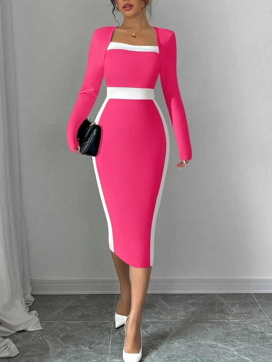 Dam Midiklänning Sheath Dress Ledigt Helgdag Utekväll Normal Randig Långärmad Fyrkantig hals Svart Fuchsia Mörkblå Vår Höst Vinter 2025 - $29.99 –P3