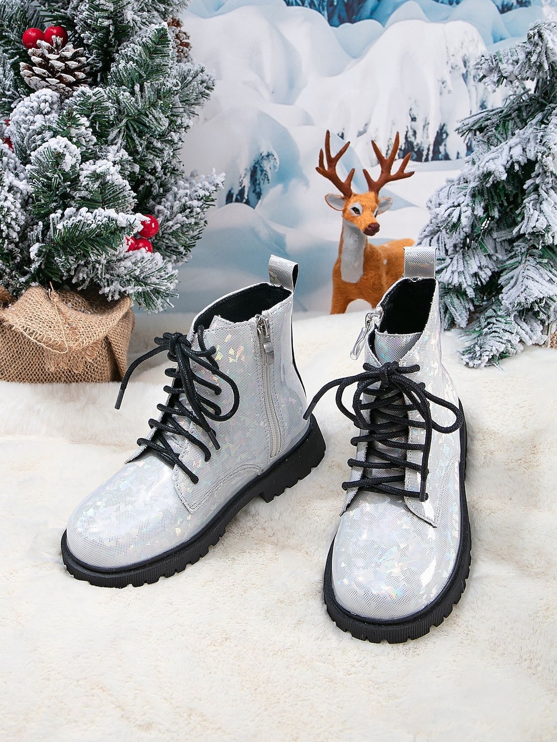 Korealaisesta idolista inspiroituneet poptähden naamiaiskengät tyttöjen hopeanväriset kimaltelevat maiharit nauhoilla, sivuvetoketjulla ja liukumattomalla pohjalla, talvimuodin mukaiset kengät 2026 - $42.99 –P3