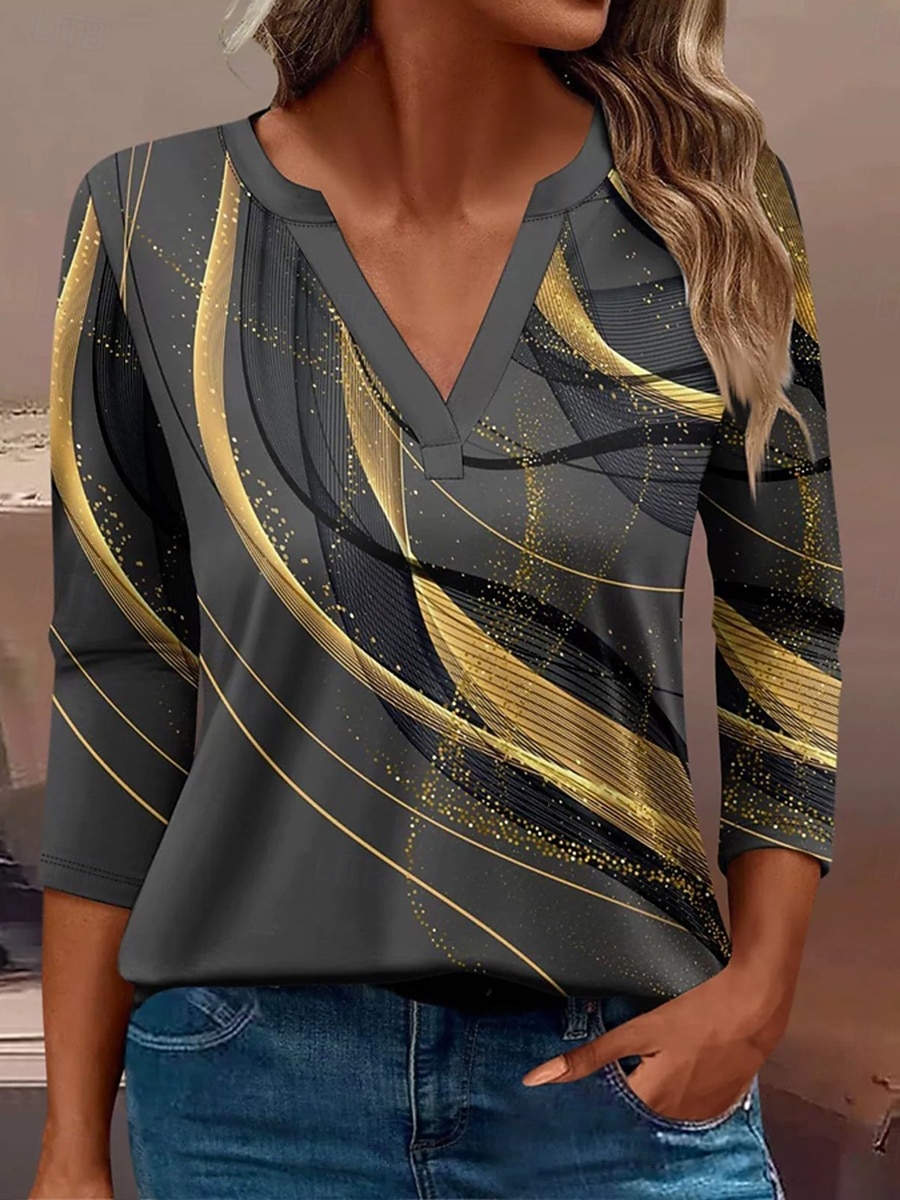 Femmes T-shirt Graphique Géométrique Abstrait ancien Élégant Classique manche longue Col en V Encolure en V Hauts Réguliers Quotidien Imprimé Bleu Violet Dorée Vert Printemps Automne Hiver de 2025 ? $27.99 –P1