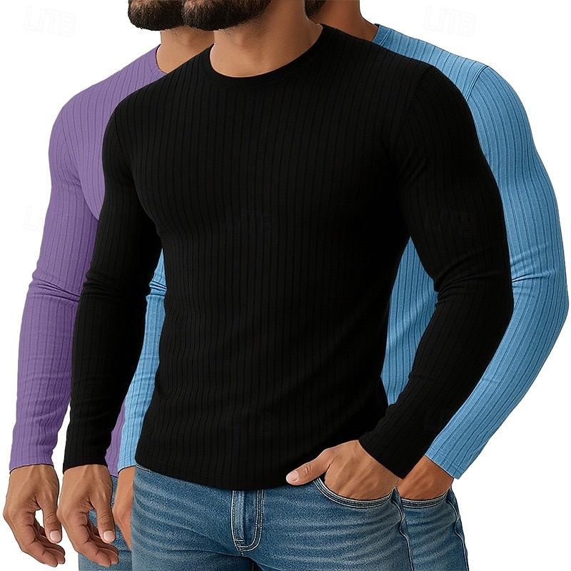 Ανδρικά Μπλουζάκι Μυϊκό πουκάμισο Πλεκτό μπλουζάκι με ραβδώσεις Μπλουζάκι μπλουζάκι Μακρυμάνικο Στρογγυλή Ψηλή Λαιμόκοψη Άνοιξη Φθινόπωρο Όλες οι εποχές Σκέτο Με Υφή Pit Strip 2025 - $55.99 –P8