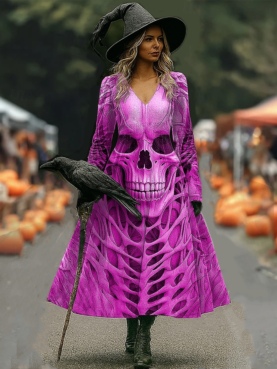 Halloween Női Koponyák Nyomás Midi Ruha A-vonalú Ruha Vakáció Hétköznapi Napi Normál Illeszkedés Grafikával Koponya Hosszú Ujjú V Nyakú Kék Narancs Szürke Ősz Tél 2025 - $33.99 –P4