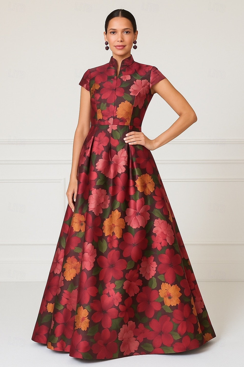 Linha A Longo Vestidos de baile Vestidos de noite Vestido de Baile Vestido formal Elegante Vintage Manga Curta Ondulado Casamento Natal Bolsos Cetim com Estampa floral de 2026 por $183.99 –P1