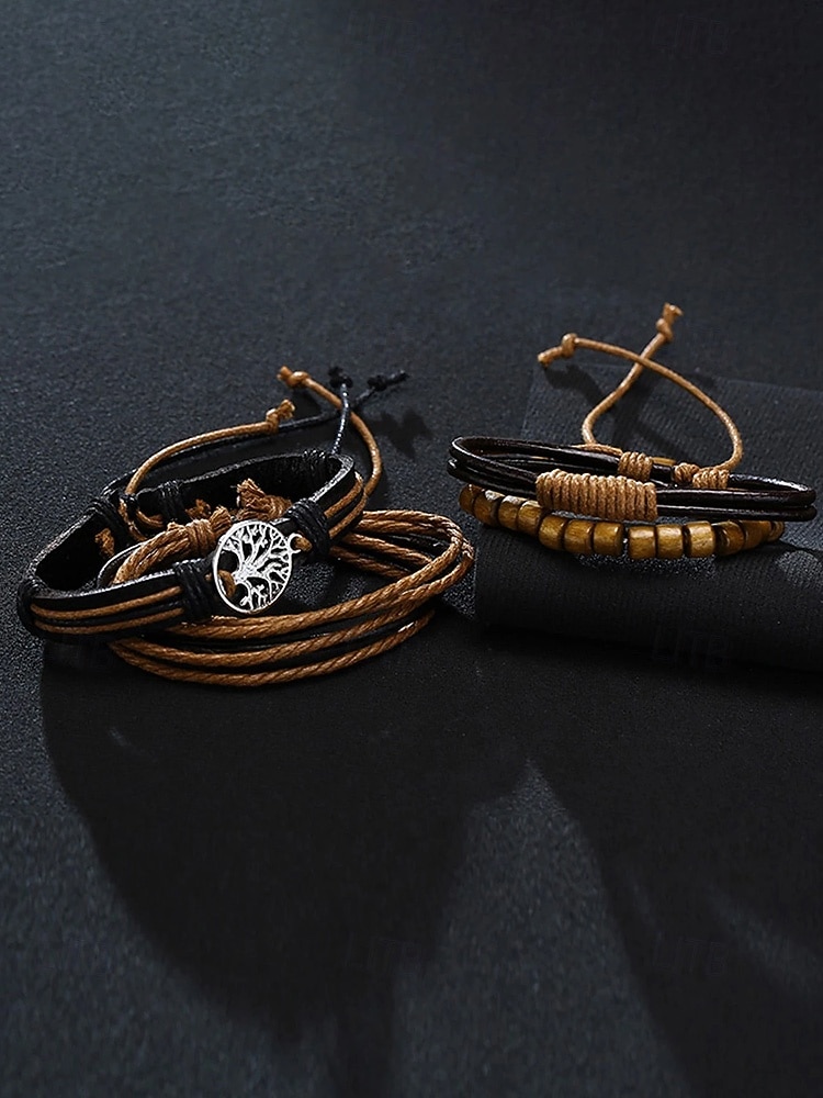 flerlags armbåndsett i ekte skinn for menn – bohemsk perlebesatt livets tre-armbånd for uformelt bruk, fest og reiser 2026 - $9.99 –P7