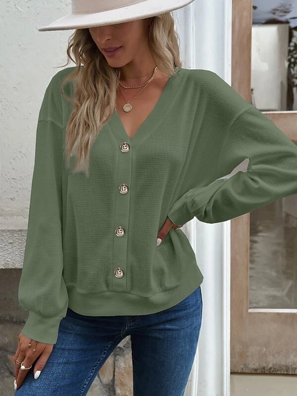 Damen Bluse Knöpfe Einfarbig Stilvoll Lässig Langarm V Ausschnitt Normale Oberteile Täglich Blau Schwarz Weiß Grün Khaki Frühling Herbst 2026 - $24.99 –P10