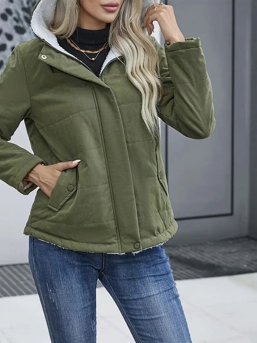 Dam Vinterkappa Fleece-jacka Bekväm Andningsfunktion Ficka Ledigt Slät Semester Gata Ledigt Dagliga kläder Dragkedja Normal Huva Normal Långärmad Ytterkläder Svart Blå Kaki Vår Höst 2025 - $35.99 –P5