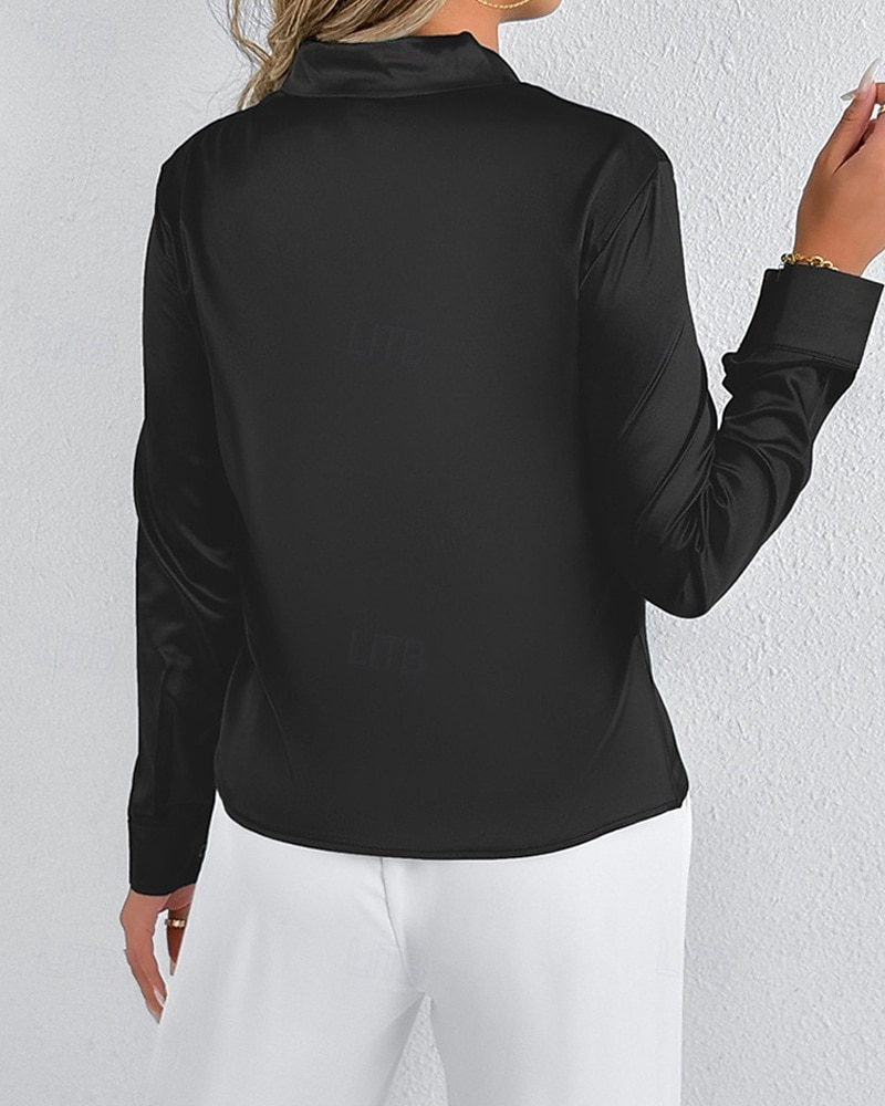 Per donna Camicia Camicia in raso Tinta unica Elegante Casual Manica Lunga Scollo a V Top Regolari Quotidiano Uscire Nodo frontale Nero Bianco Primavera Autunno del 2025 a $18.99 –P12