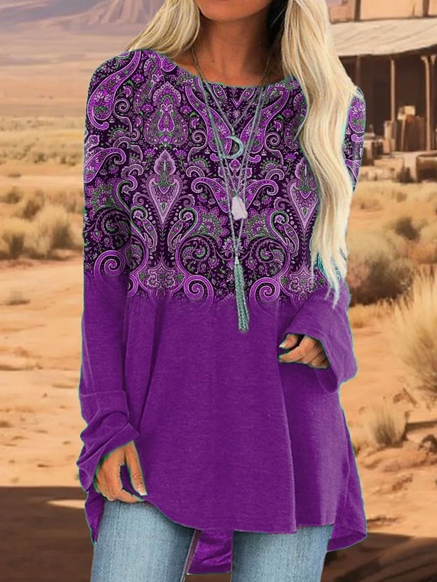 Femmes T-shirt Graphique Tribal ancien Élégant Occasionnel manche longue Col ras du cou Hauts Longs Quotidien Sortir Week-end Imprimé Bleu Violet Vert Kaki Printemps Automne de 2025 ? $24.99 –P4