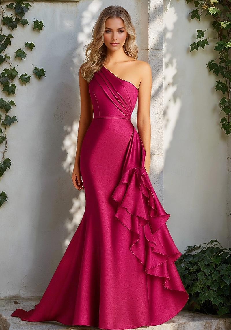 Syrena Suknia wieczorowa Elegancja Suknia formalna Formalny Ślub Tren sweep Bez rękawów Na jedno ramię Satyna z Z marszczeniami Falbany 2025 2025 - $154.99 –P1