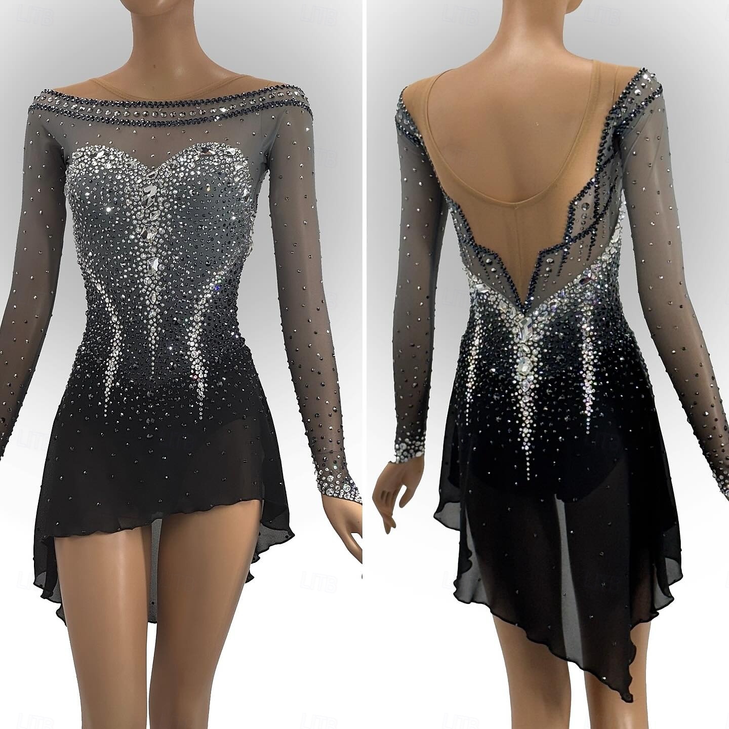 Figure Skating Dress Women's Girls' Ice Skating Dress Black Patchwork Open Back Mesh High Elasticity Training Competition Skating Wear Classic Crystal / Rhinestone Long Sleeve Ice Skating Figure 2026 - $294.19 –P5