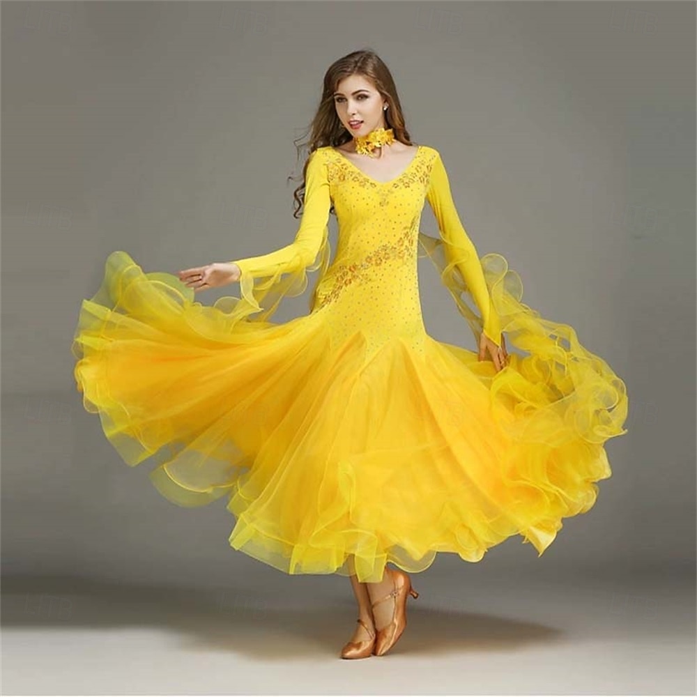 Бальные танцы Платье Чистый цвет Жен. Выступление Учебный Тематическая вечеринка Длинный рукав Спандекс 2026 - $120.99 –P7