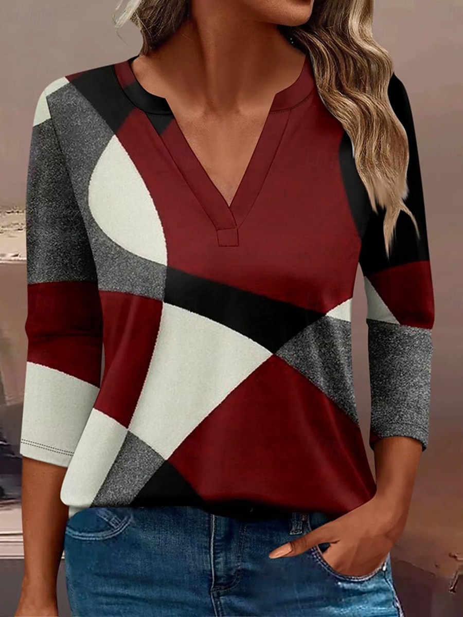 Femmes T-shirt Graphique Géométrique ancien Élégant Classique manche longue Col en V Encolure en V Hauts Réguliers Quotidien Imprimé Rouge Bleu Violet Vert Printemps Automne Hiver de 2025 ? $27.99 –P1