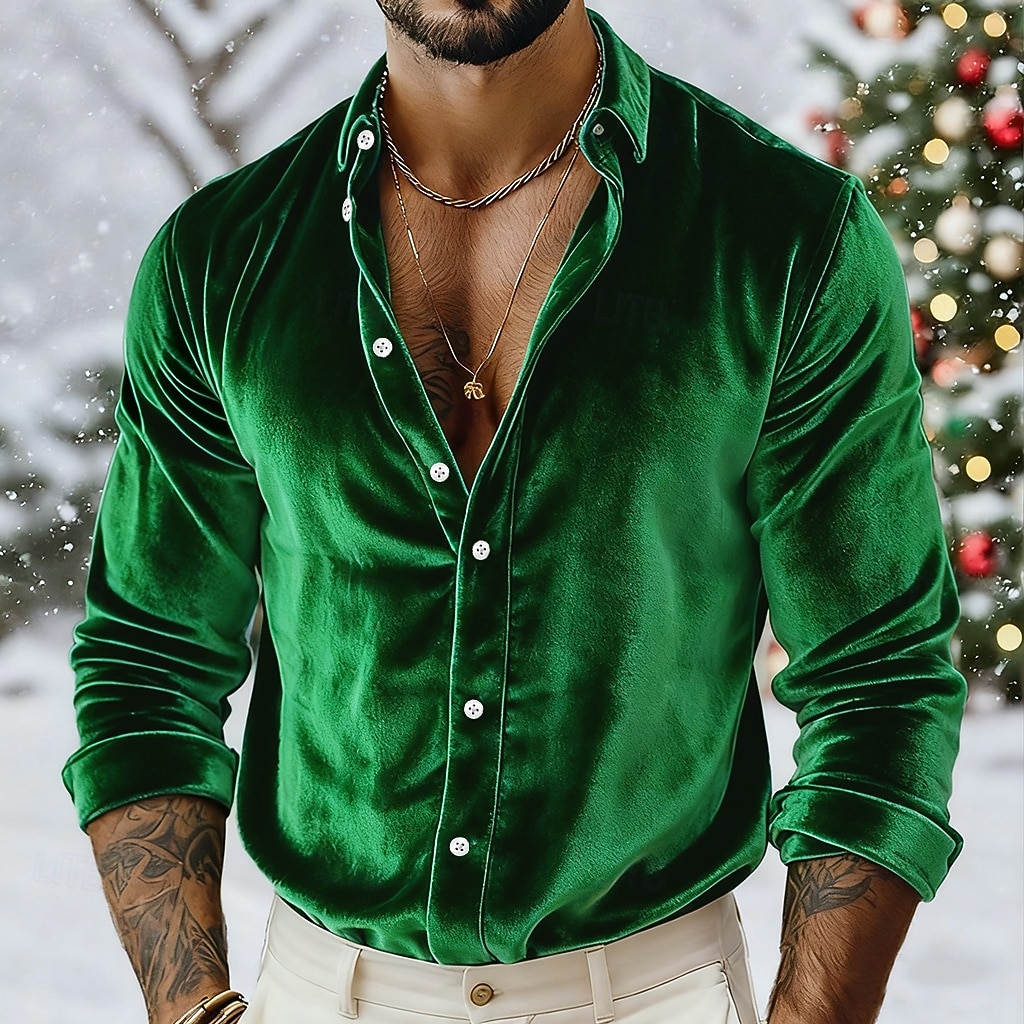 Miesten Paita Rento paita Joulupaita Samettipaita Viini Kuninkaallinen sininen Pitkähihainen Yhtenäinen väri Tavallinen Paitapuserokaula-aukko Karnevaali Joulu Napit Vaatetus Sametti Polyesteri Joulu 2026 - $25.99 –P6