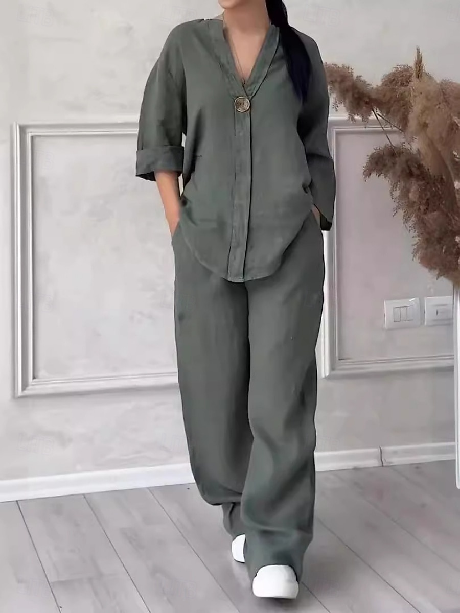 Women's Elegant Fashion Streetwear Cotton Linen Sets Long Sleeve Crew Neck Solid Color Outdoor Casual Daily Dark Grey White Pink Summer Loose Fit 2025 - $30.99 –P3