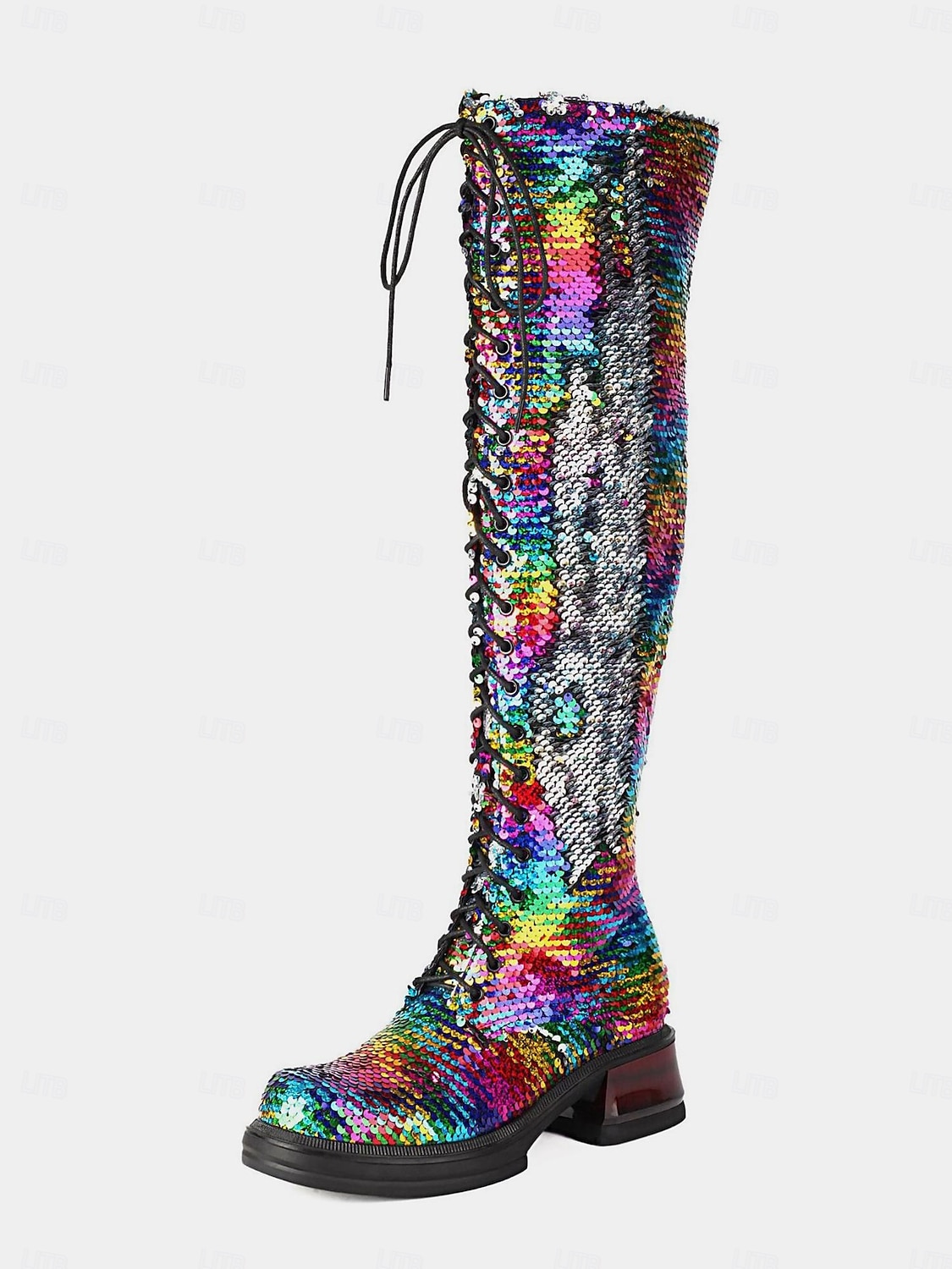 türkisfarbene, kniehohe Schnürstiefel für Damen mit Pailletten – glitzernde Party-Schuhe im Combat-Stil für das Nachtleben und Club-Outfits 2026 - $99.99 –P4