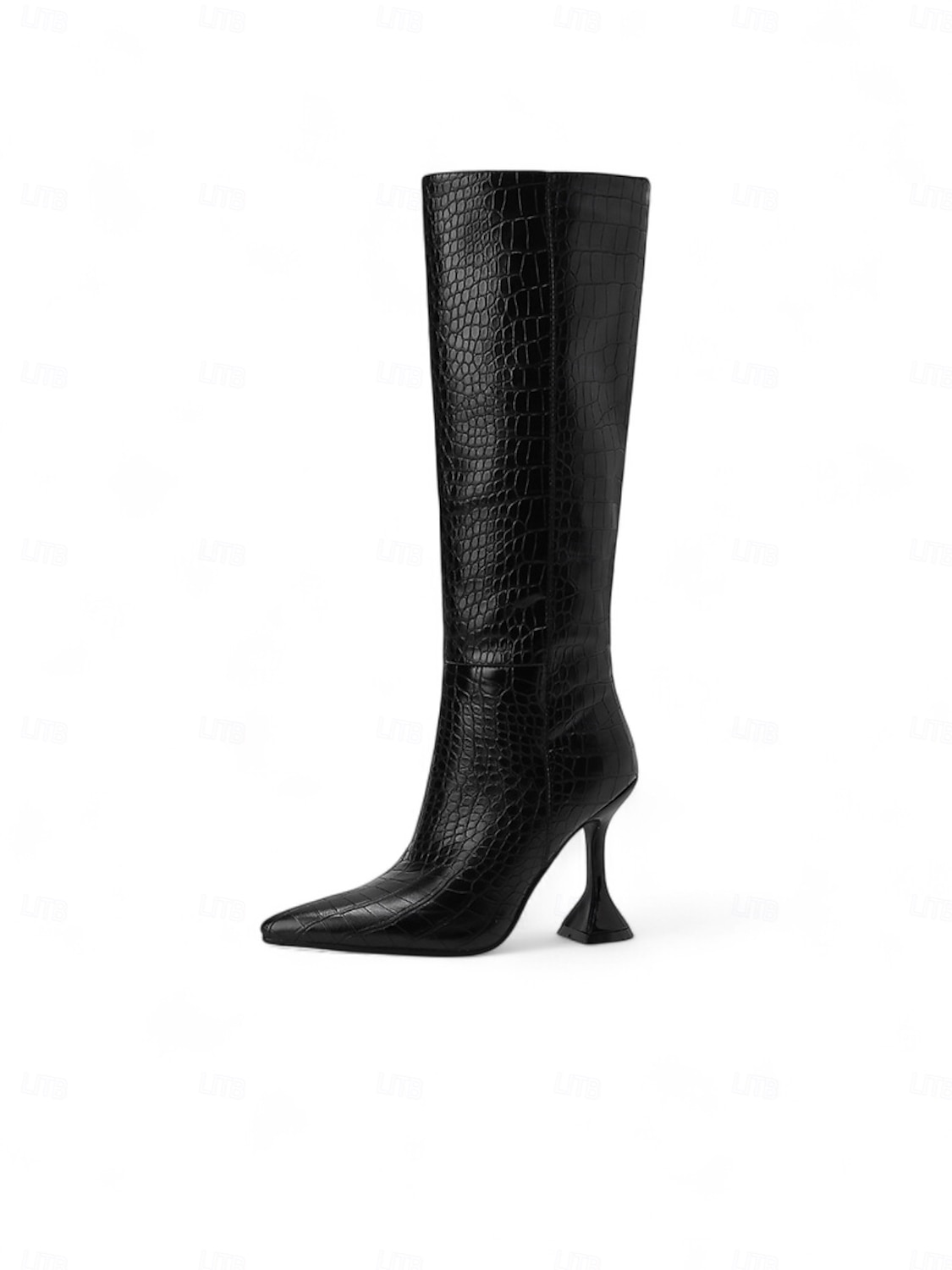 Schwarze kniehohe Damenstiefel mit Krokodilmuster, Stiefel aus echtem Leder mit spitzer Zehenpartie und Stilettoabsatz, urbaner Modestil für Damen, perfekt für City-Chic und stylische Outfits 2025 - $64.99 –P1