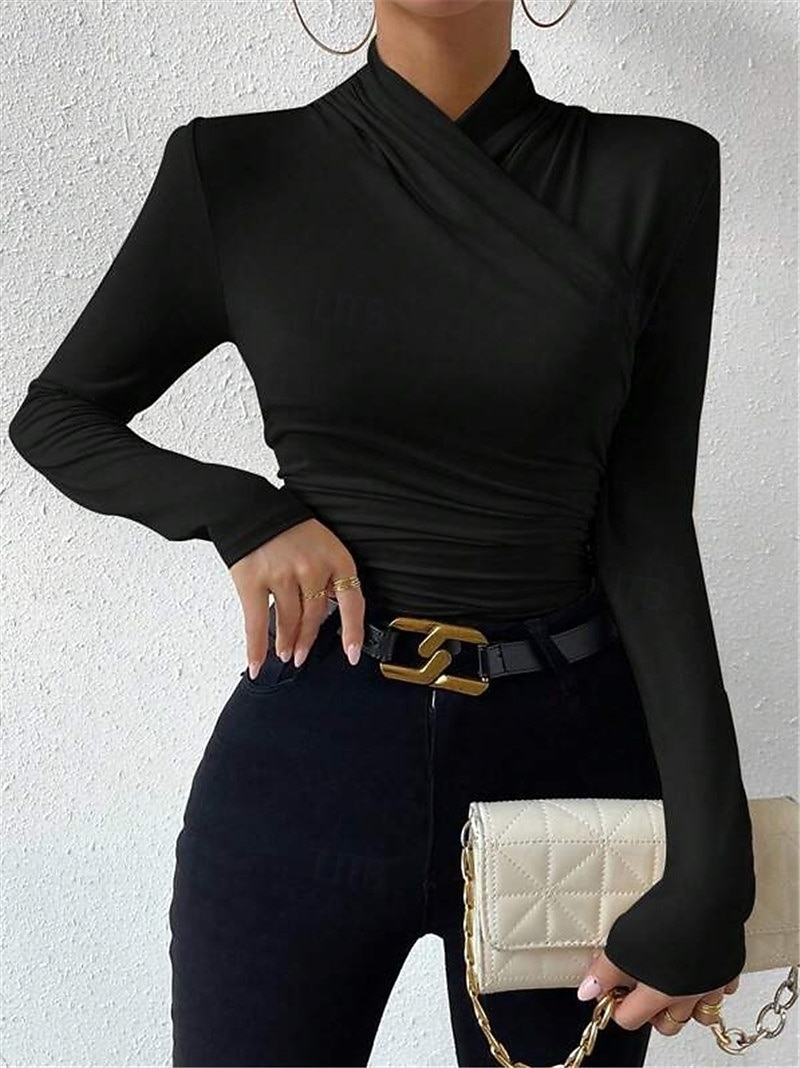 Damen Bluse Einfarbig Stilvoll Lässig Langarm V Ausschnitt Normale Oberteile Täglich Gerafft Schwarz Weiß Aprikose Grau Frühling Herbst Winter 2025 - $15.99 –P2