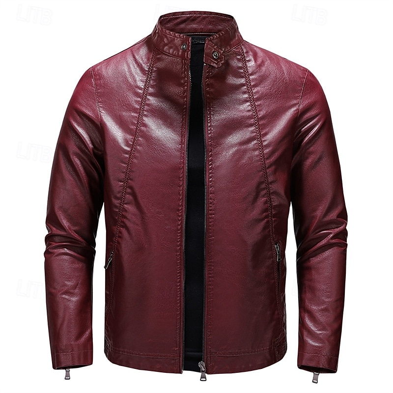 Men's Faux Leather Jacket Fleece Jacket Biker Jacket Motorcycle Jacket Vacation Daily Windproof Warm Pocket Fleece Fall Winter Plain Fashion Classic Stand Collar Regular Black White Wine Jacket 2025 - $54.99 –P15