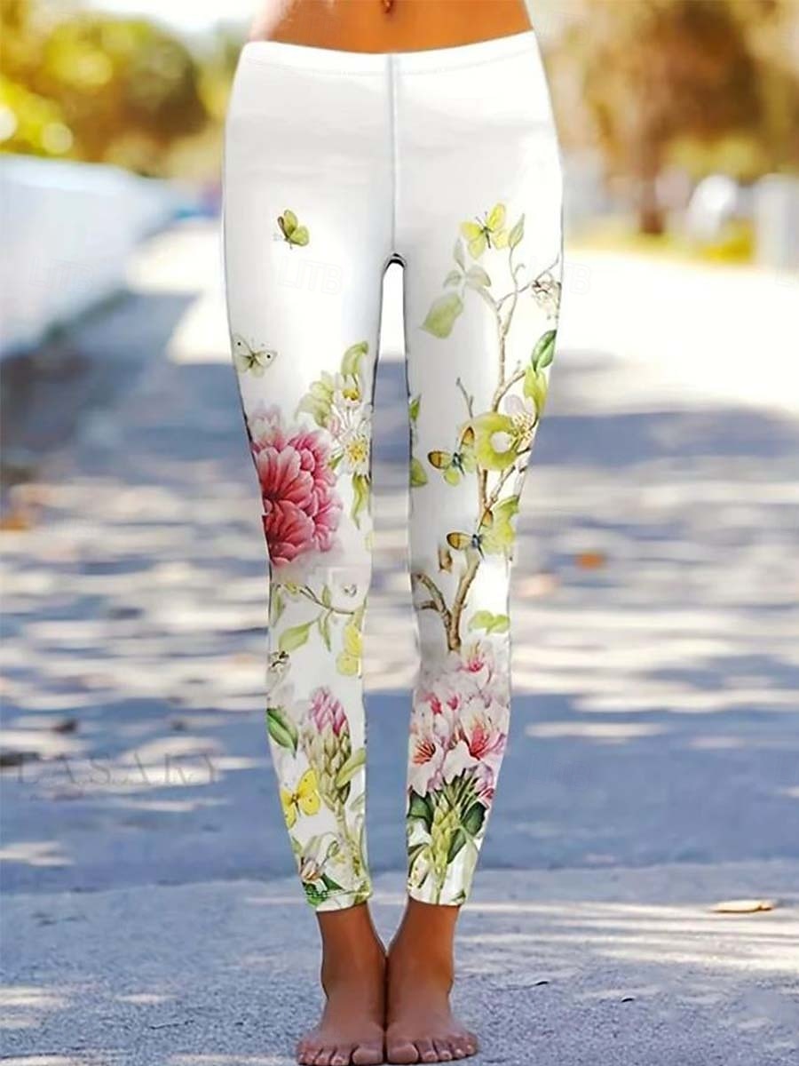 2025年 女性のレギンス トラウザーズ ビンテージファッション カジュアル フルレングス ハイウエスト フローラル グラフィックプリント サーマル 暖かい 弾力性のある 通気性のある ソフト マイクロエラスティック バケーション カジュアル デイリー ブラック ホワイト ピンク ブルー レギュラーフィット  コレクション – $19.99 –P8