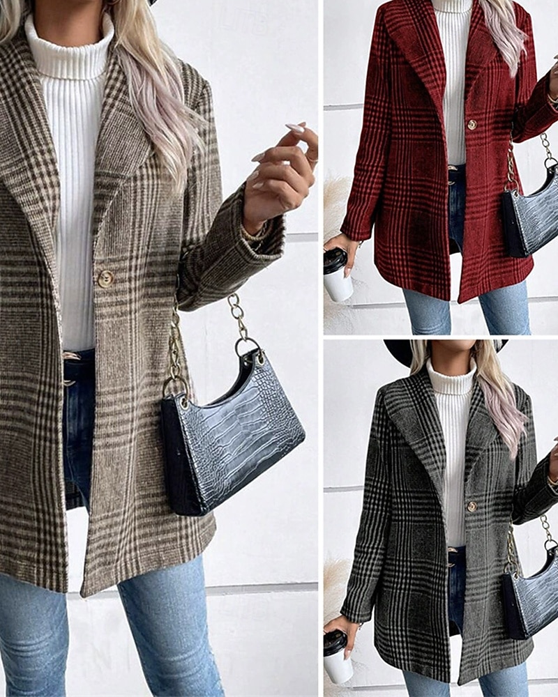 Women's Blazer Comfortable Buttons Elegant Fashion Outdoor Lattice Going out Casual Daily Weekend Single Breasted Regular Lapel Regular Fit Long Sleeve Outerwear Red Camel Gray Spring Fall 2026 - $31.99 –P1