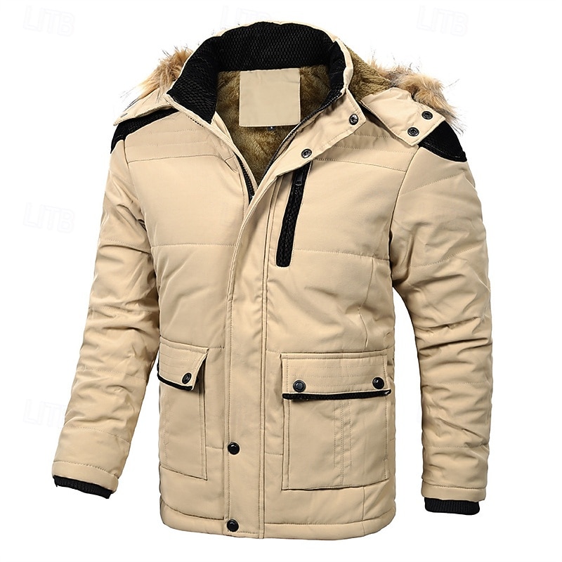 Men's Winter Coat Fleece Jacket Parka Pocket Fleece Polyster Vacation Daily Wear Date Regular Fashion Casual Comfortable Thermal Warm Fall Winter Solid / Plain Color Black Khaki Dark Blue Puffer 2025 - $66.99 –P5