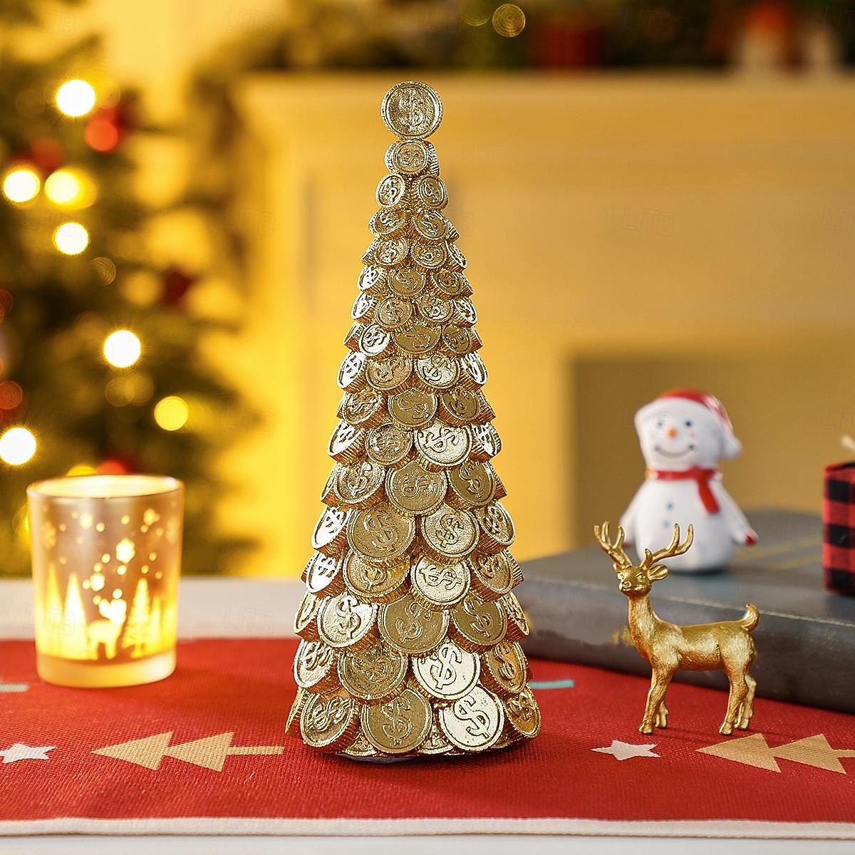 Décoration de table pour sapin de Noël, motif pomme de pin dorée, dollar et bitcoin, mini statue de sapin de Noël en résine pour décoration intérieure de vacances, vitrine, cadeau de 2025 ? $17.99 –P9