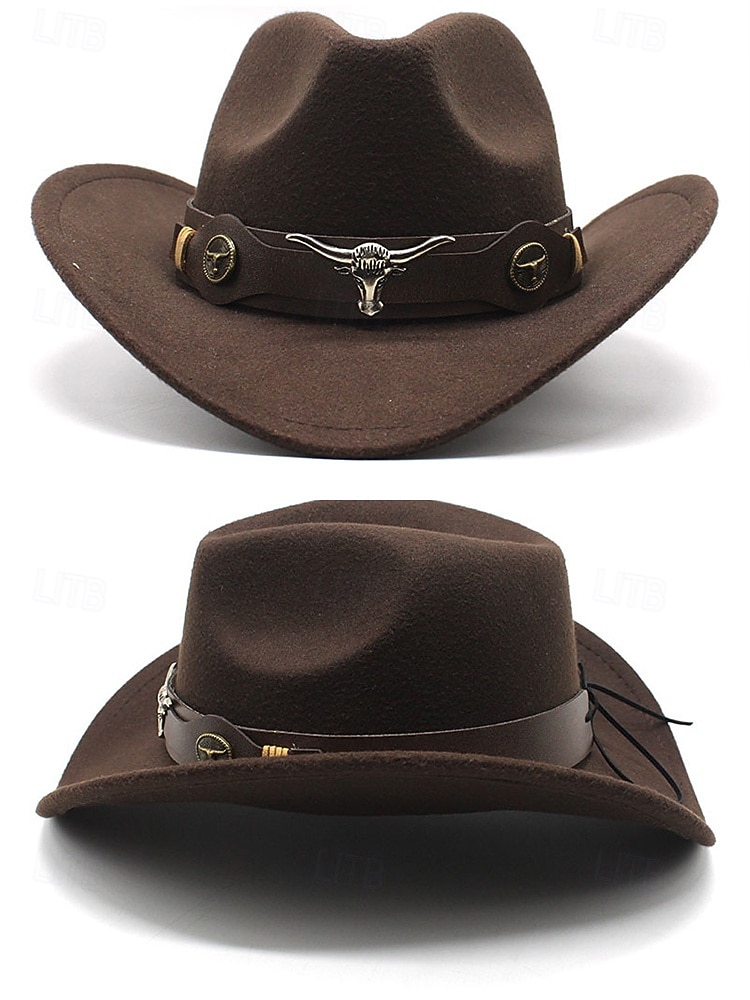 Chapéu de cowboy masculino com faixa de cabeça de touro – chapéu fedora vintage de feltro com aba larga para rodeio, estilo ao ar livre e presente de Natal de 2026 por $29.99 –P8