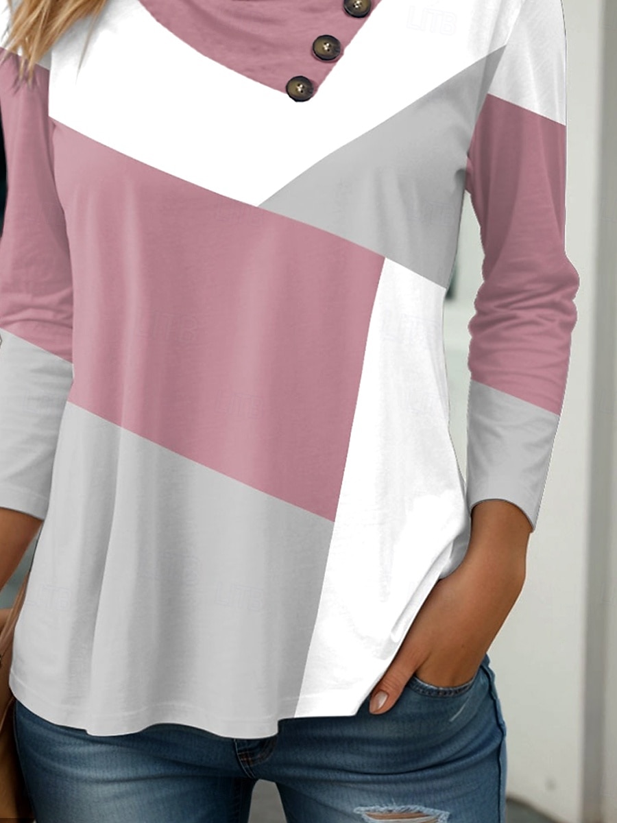 Dame Tunika Grafisk Geometrisk Geometri Stilfull Fritid Langermet Cowl-hals V-hals Vanlige topper Daglig Knapper Trykt mønster Rosa Himmelblå Kakifarget Vår Høst Vinter 2025 - $24.99 –P3
