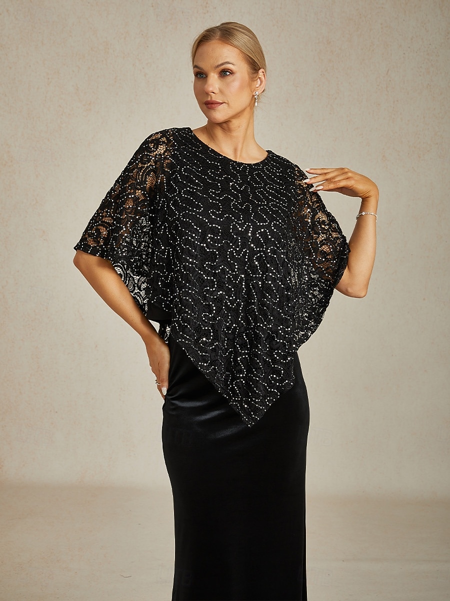 فستان بونشو مزين بخيوط لامعة للنساء، بلوزات Lace، بلوزات مسائية، لون موحد، أنيق، stylish، بدون أكمام، رقبة دائرية، بلوزات عادية، ضيوف الزفاف، ملابس المساء، حفلة مسائية، Lace، أسود، ربيع، خريف، شتاء 2025 - $69.99 –P1