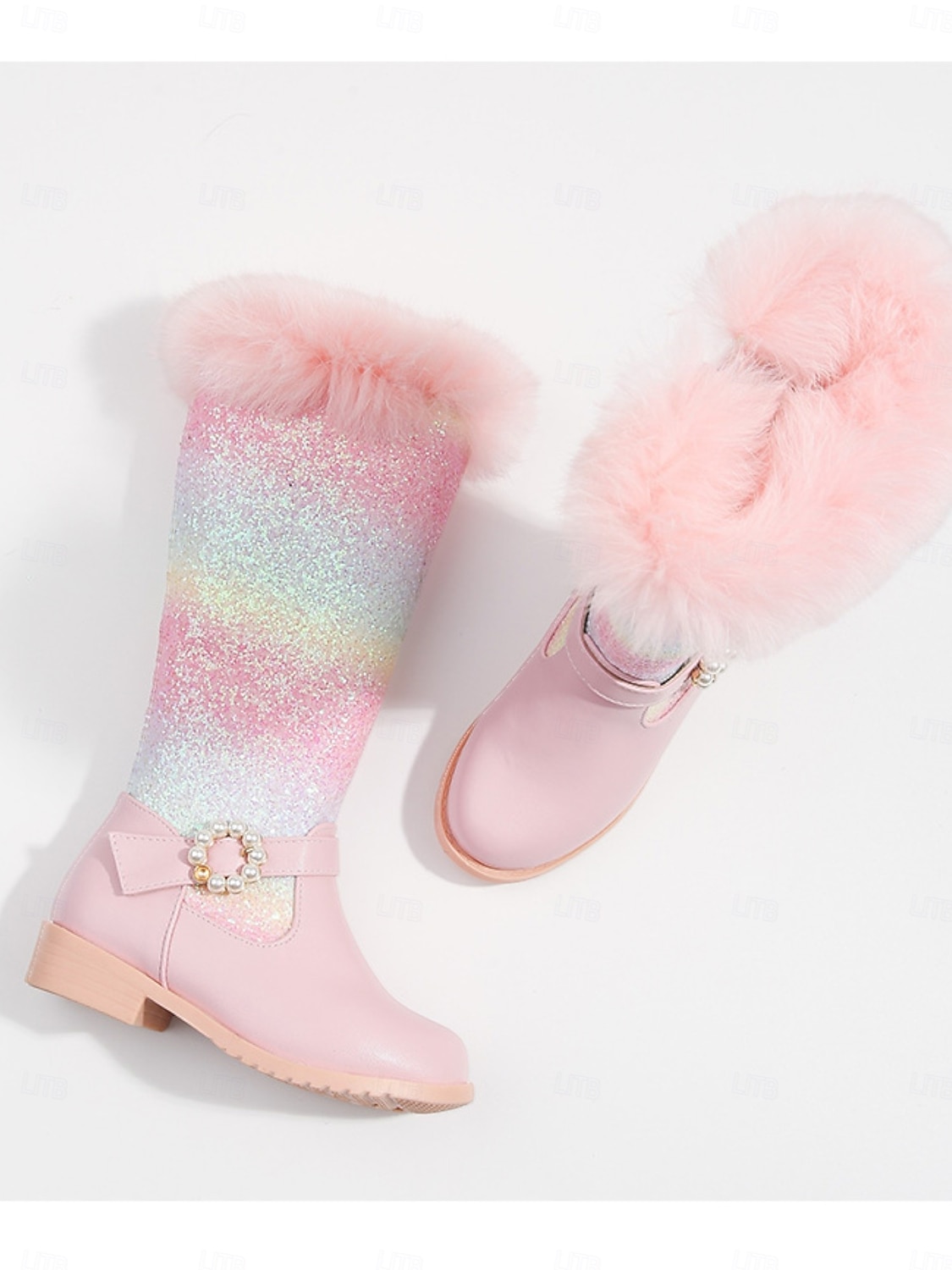 Dívčí duhové třpytivé kozačky pod kolena s lemem z umělé kožešiny a perleťovou sponou - třpytivé zimní boty pro děti na párty a svátky. 2026 - $54.99 –P2