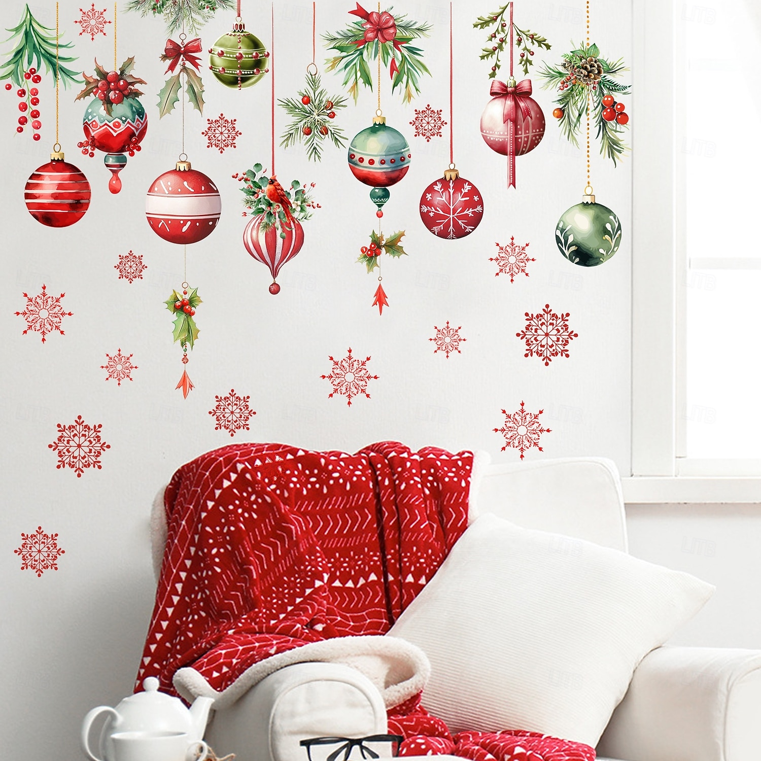 Christmas Sticker Wall Decals Snowflake Colorful Ball Pinecone Hanging Ornament Removable Vinyl Mural Holiday Party Living Room Glass Window Door Background Decoration For Home 2025 - $11.99 –P4