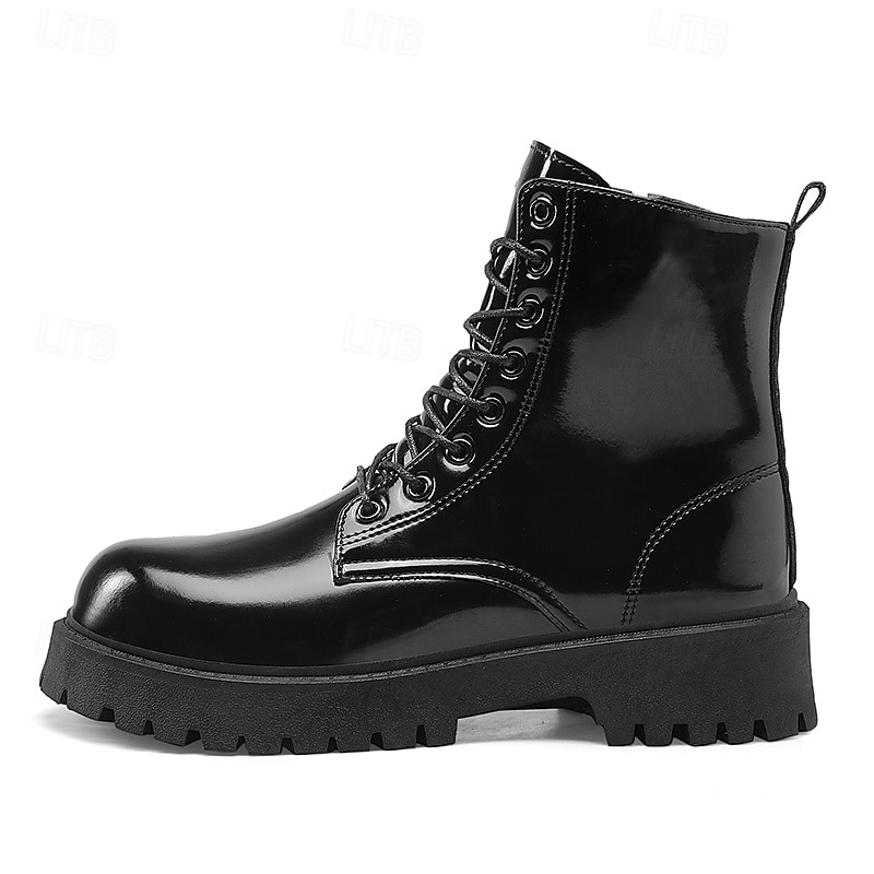 Botas con cordones para hombre de piel negra brillante con suela gruesa: imprescindibles para motociclistas, entusiastas del rock, estilo urbano informal y moda actual. 2026 - $54.99 –P2