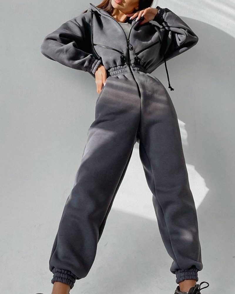 Női Szabályos Jumpsuitek Utcai sikk Színes Hosszú ujj Kapucni Kollázs Cipzár Utca Napi Normál Fehér Arcpír rózsaszín Medence Ősz 2025 - $27.99 –P15