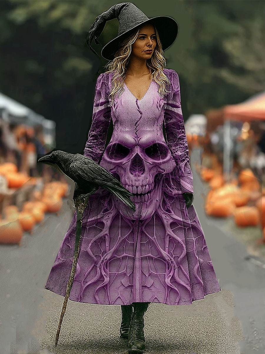 Halloween Per donna Abito Midi Abito a trapezio Vacanza Casual Quotidiano Ferie Data Vestibilità regolare Grafico Teschio Manica Lunga Scollo a V Giallo Chiaro Blu Viola Verde Autunno Inverno del 2025 a $35.99 –P3