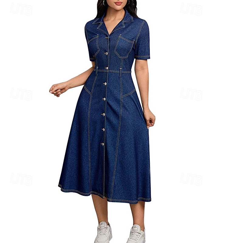 Pentru femei Rochii Midi Rochii din denim Rochii Tip Cămașă Rochie casual Modă Modern În aer liber Zilnic Ieșire Fit regulat Simplu Manșon scurt Guler Cămașă Albastru Închis Primăvară Toamnă 2025 - $59.99 –P1