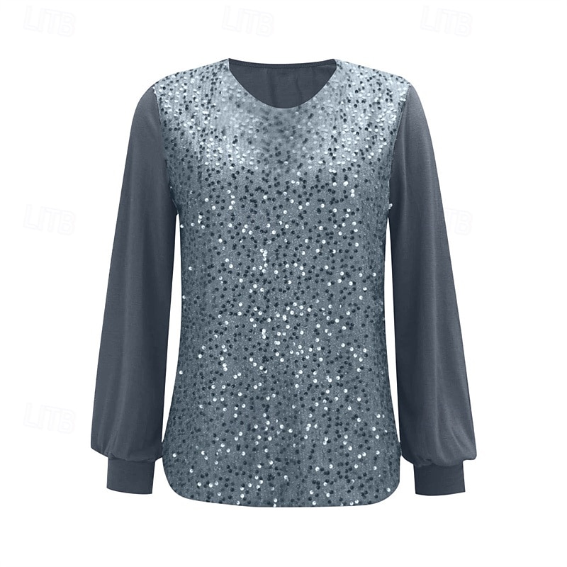 Femmes T-shirt Couleur Unie ancien Mode Élégant manche longue Col ras du cou Col rond Hauts Réguliers Quotidien Week-end Paillettes Patchwork Gris Printemps Automne de 2025 ? $23.99 –P2