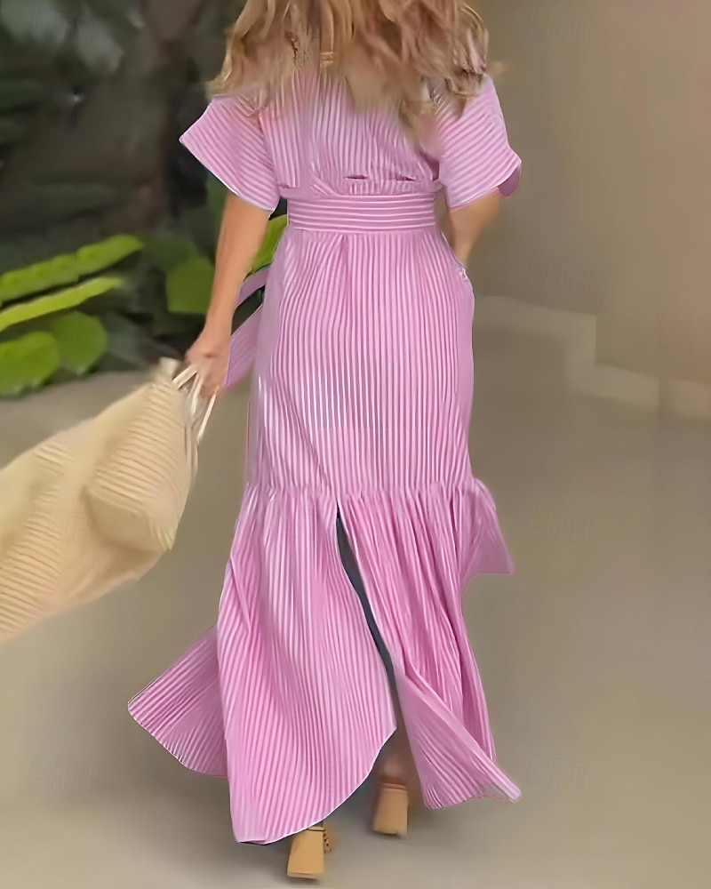 Per donna Abito Lungo Maxi Abito Abito Camicia Moderno Quotidiano All'aperto Vacanza Vestibilità regolare A righe Manica Corta Girocollo Colletto a Camicia Blu Magenta Nero Rosa Primavera Autunno del 2026 a $29.99 –P3