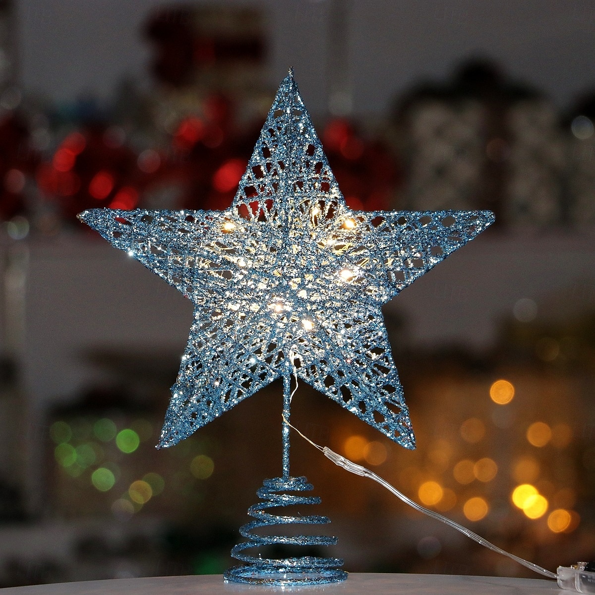 Puntale per albero di Natale con stella e luce a LED, stella a cinque punte in ferro 3D con glitter, decorazione per albero da appendere, regalo per decorazioni natalizie da tavolo per la casa del 2025 a $6.99 –P5