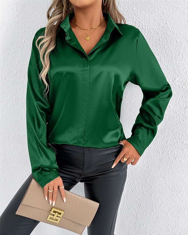Per donna Camicia Camicia in raso Tinta unica Elegante Casual Manica Lunga Colletto a Camicia Top Regolari Quotidiano Uscire Bottoni Rosa Viola Verde Primavera Autunno del 2025 a $16.99 –P7