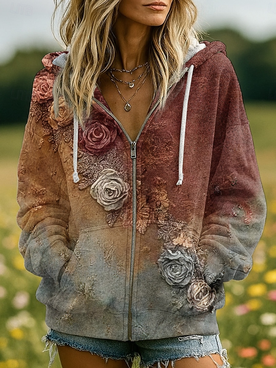 2026年 女性用3Dプリントビンテージボヘミアンフーディーパッチワークフーディースウェットシャツフローラルジップアップカジュアルフード付きストリートデイリーウェアパッチワークジッパーポケットライトパープル紫茶色緑春秋  コレクション – $39.99 –P3