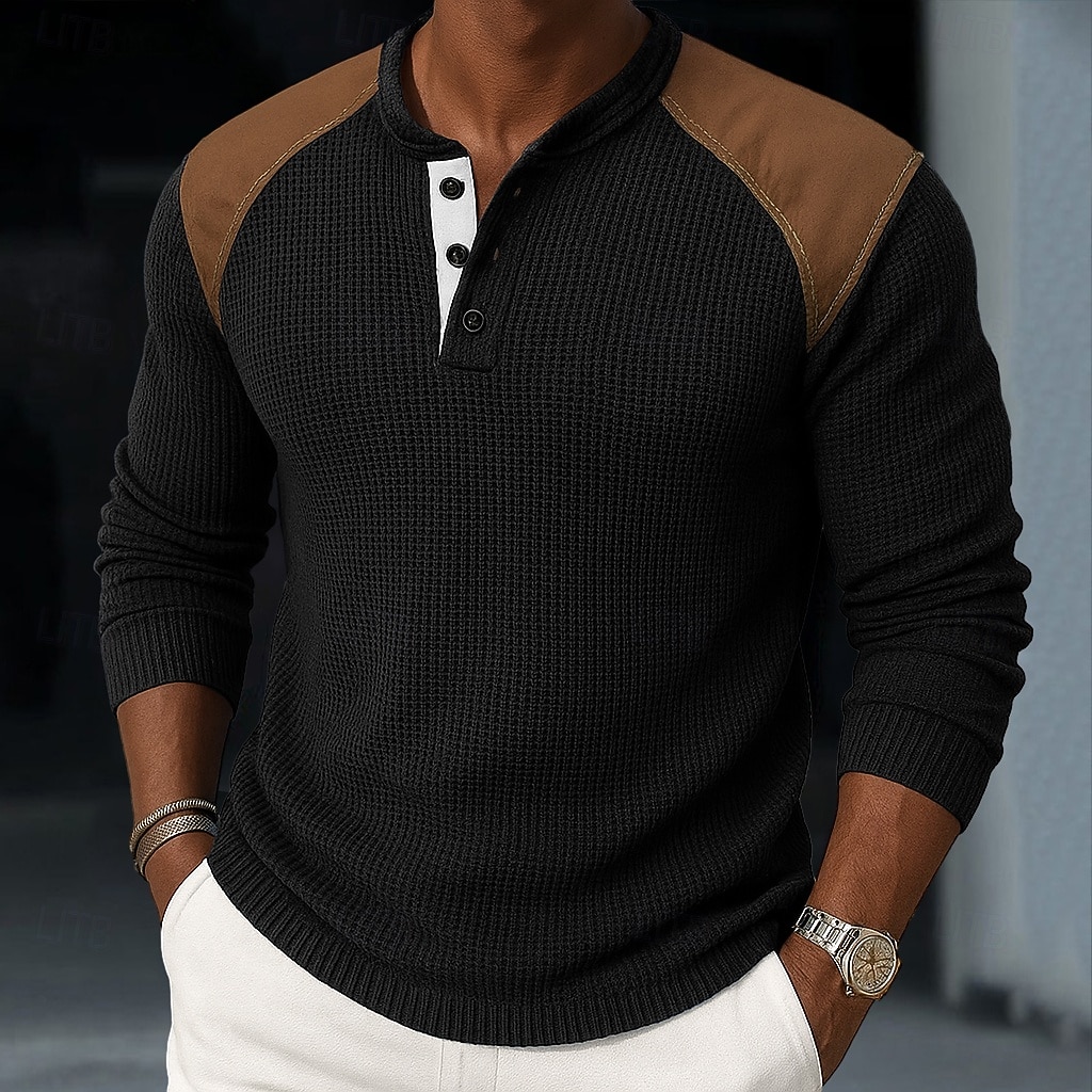 Hombre Camisa henley gofrada Camiseta superior Manga Larga Henley Primavera & Otoño Todas las Temporadas Bloque de color Moda Design Básico Puro Vacaciones Calle Casual Negro Blanco Azul Marino 2026 - $25.99 –P9